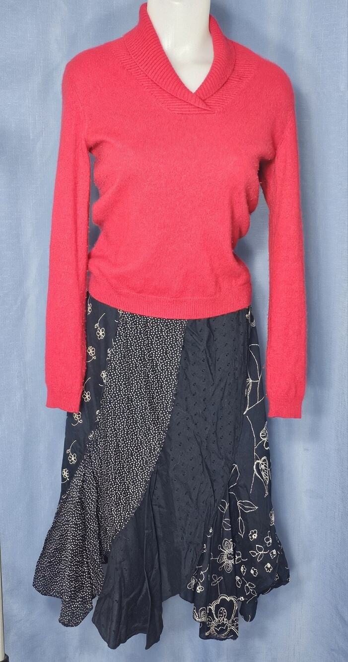 BILA Black Patchwork BOHO Floral Handkerchief Hem Midi Skirt Sz L Whimsygoth Y2K